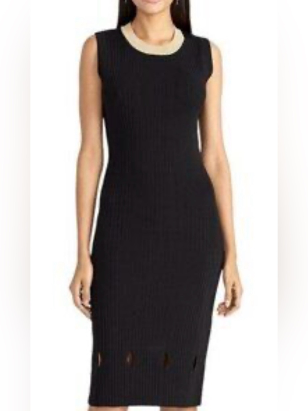 Rachel Roy, Sleeveless Black Knit Midi Dress with Contrast Gold Neck, size M